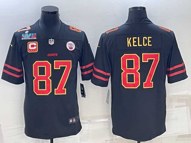 Mens Kansas City Chiefs #87 Travis Kelce Black Red Gold Super Bowl LVII Patch And 4-star C Patch Vapor Untouchable Limited Stitched Jersey